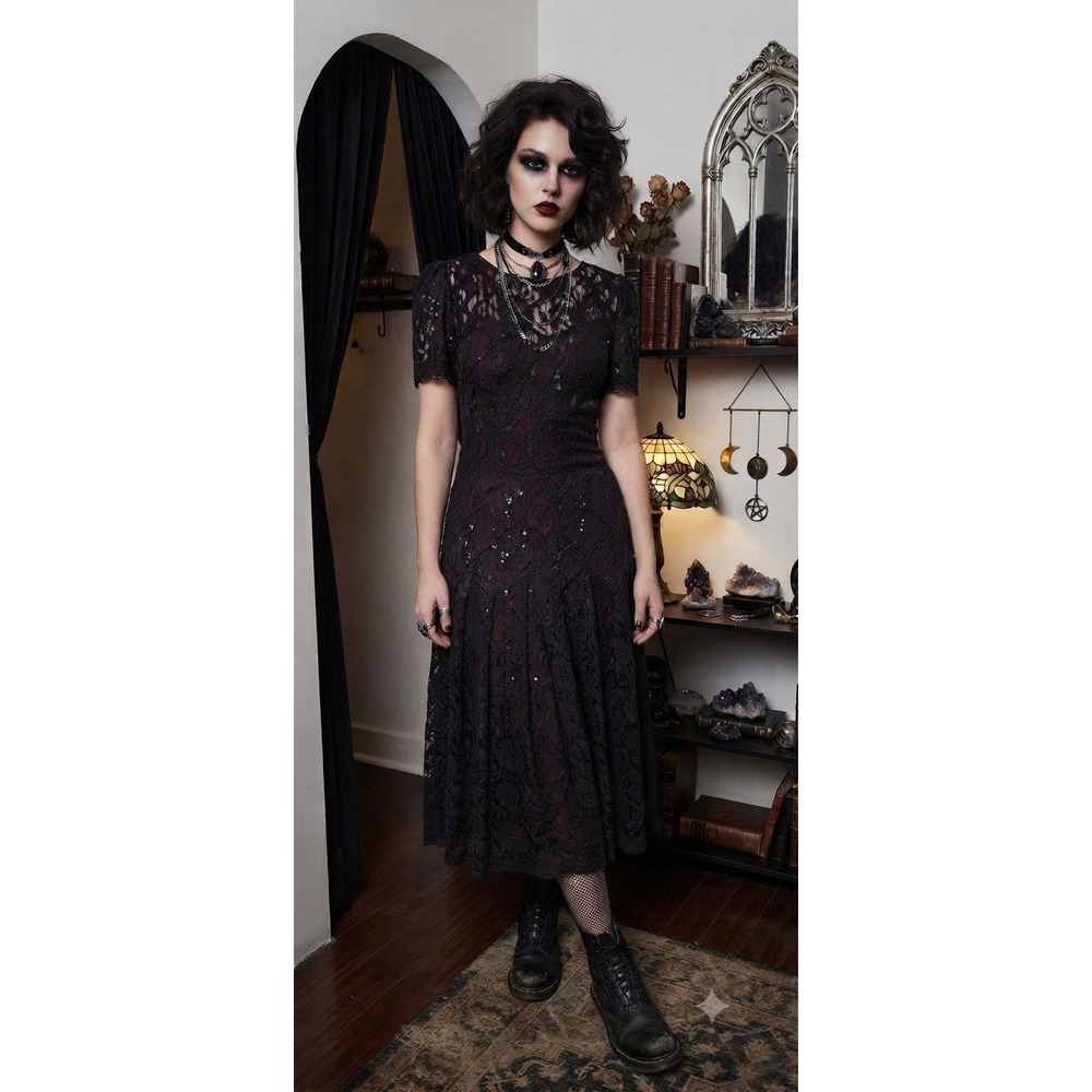 Whimsigoth Goth Vampy Vintage 80s HW Collections Cocktail Dress 6 Black Sequin